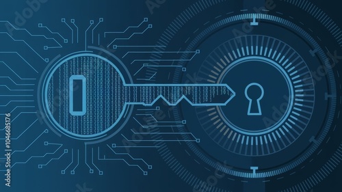 Abstract illustration of a digital key with binary code and circuit lines, symbolizing access control, encryption, and data security. photo