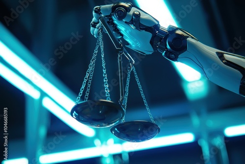 A robotic hand holding scales of justice, symbolizing the integration of artificial intelligence with legal and ethical principles. Ideal for themes of AI ethics, and technology in law photo