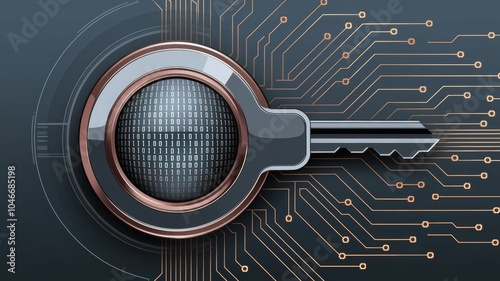 Abstract illustration of a digital key with binary code and circuit lines, symbolizing access control, encryption, and data security. photo