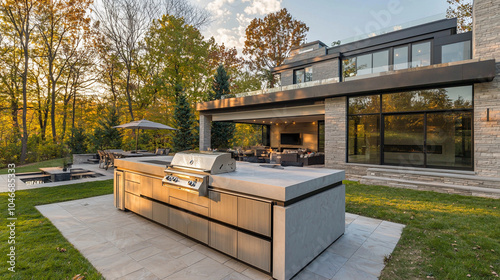 A modern backyard featuring a sleek outdoor kitchen
