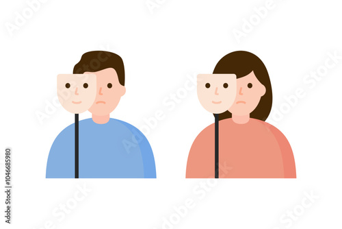 Man and woman holding smiling mask. Mental health, depression, psychological, anxiety, bipolar disorder concepts. Flat people character vector design isolated illustration.