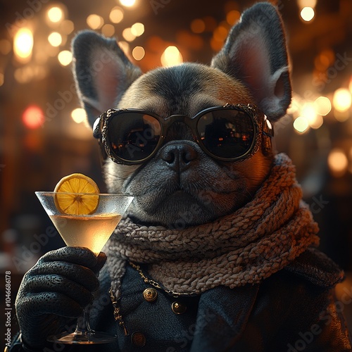 Funny Dog with Sunglasses Holding a Cocktail in a Party Pose photo