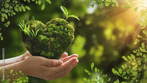 Hands Holding Heart-Shaped Moss with Plants Sprouting Against Lush Green Background for World Kindness Day