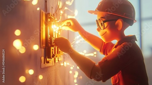 Cartoon Electrician Working on Power Switch