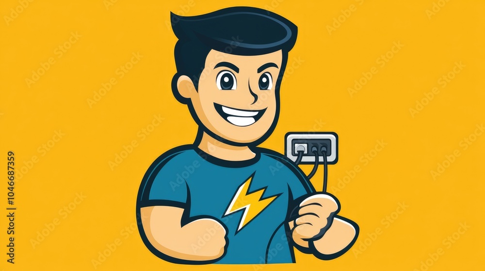 Fun Cartoon Electrician Mascot with Lightning Theme Fun Cartoon Electrician Mascot with Lightning Theme