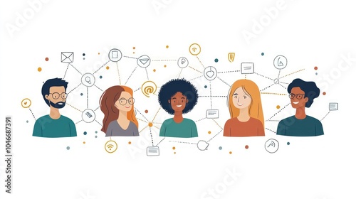 Diverse group of people connected by a network of icons, representing social media, communication, and technology.