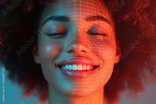 beautiful woman smiling face being recognized by facedetect algorithm, scanner of the volumetric-spatial shape of a person’s face photo