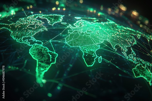 World map with glowing green data points and connection lines across various continents. Symbolizing global communication, technology, and digital connectivity. Ideal for concepts of networking