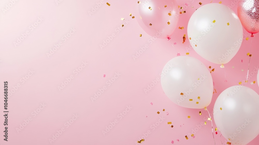Photo of, Pink background with scattered confetti and party balloons for design, banner template Photo of, Pink background with scattered confetti and party balloons for design, banner template