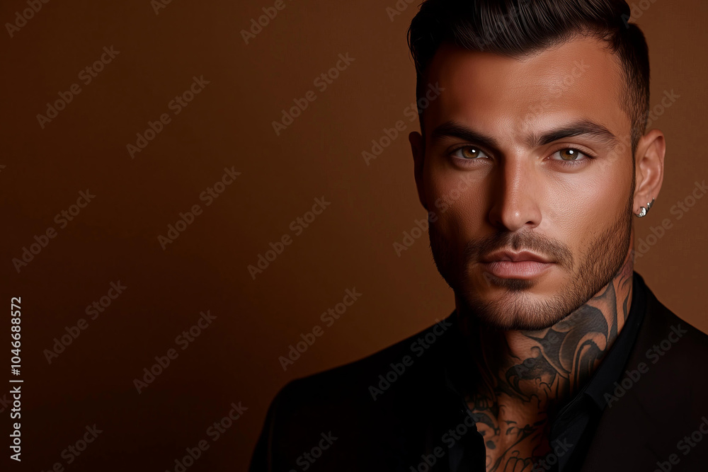 tanned skin, hot and attractive Italian mafia billionaire with a tattoo on his neck , wearing a luxurious black suit. Looking at camera with piercing and sensual gaze.isolated on smooth solid backdrop tanned skin, hot and attractive Italian mafia billionaire with a tattoo on his neck , wearing a luxurious black suit. Looking at camera with piercing and sensual gaze.isolated on smooth solid backdrop