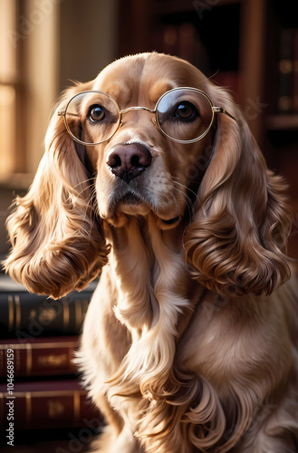 Cocker Spaniel In Gold-Rimmed Glasses With Elegant Study Background photo