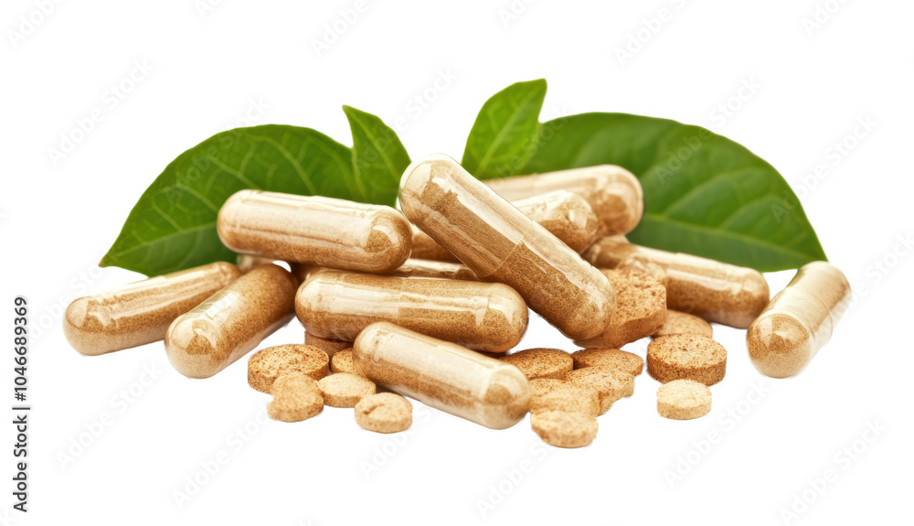 Ashwagandha, Indian ginseng, Withania Somnifera pill capsules supplement isolated on transparent background PNG
