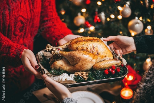 Festive Holiday Dinner with Roast Turkey and Christmas Decorations for Seasonal Gatherings photo