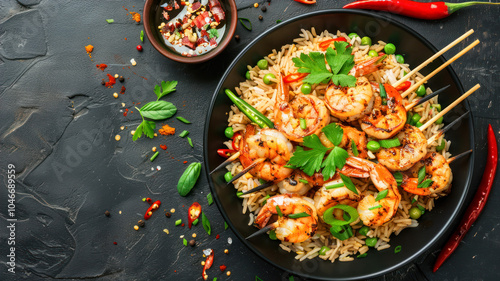 Delicious Fried Rice Topped With Grilled Shrimp Skewers Garnished With Herbs and Spices