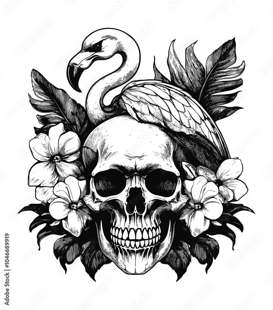 Fototapeta premium Skull, Flamingo & Flowers