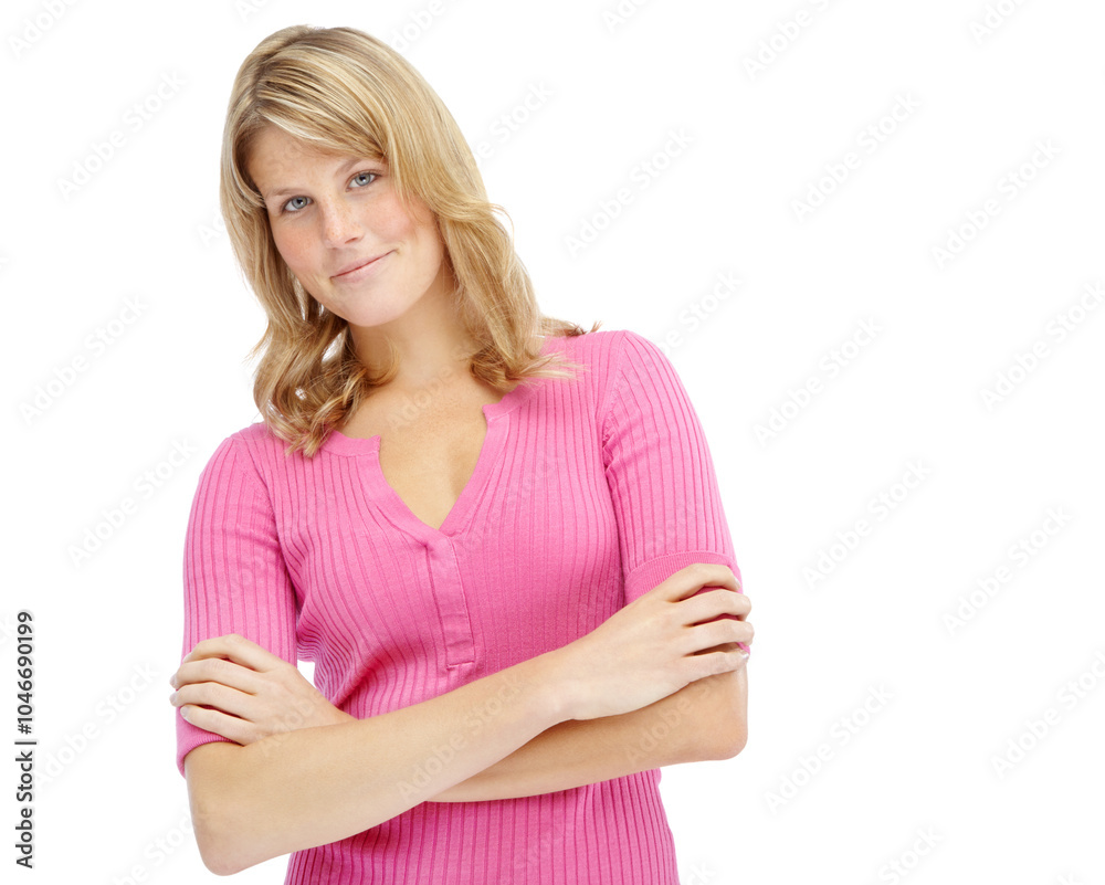 Crossed arms, style and portrait of woman in studio with casual, color and trendy outfit for confidence. Smile, pride and female person from Germany with pink tshirt for fashion by white background. Crossed arms, style and portrait of woman in studio with casual, color and trendy outfit for confidence. Smile, pride and female person from Germany with pink tshirt for fashion by white background.