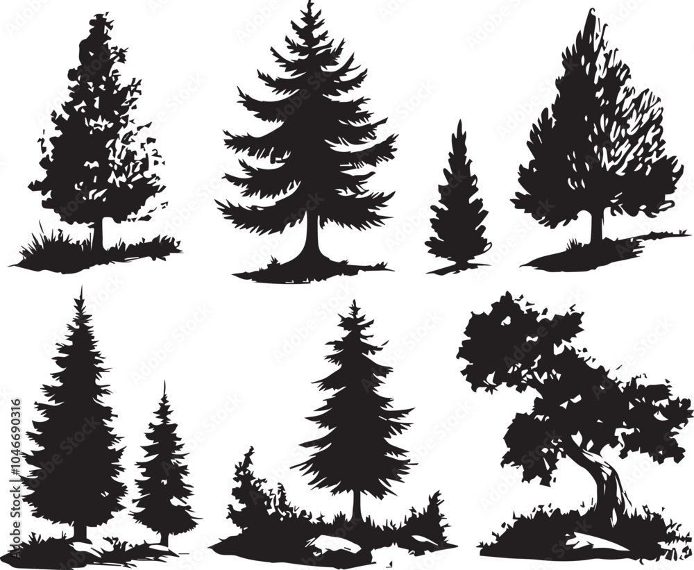 Obraz premium Set Trees. Hand drawn vector illustration