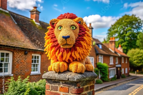 Knitted Lion Bollard Topper in Titchfield, Hampshire, England photo