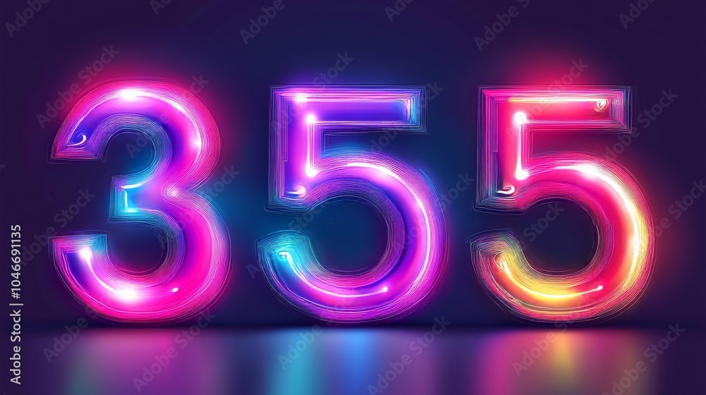 Number 355. Colorful three-dimensional digits 3, 5, and 5, with vibrant neon effect and reflections. Number 355. Colorful three-dimensional digits 3, 5, and 5, with vibrant neon effect and reflections.