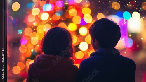 Children watching colorful Christmas lights through a window