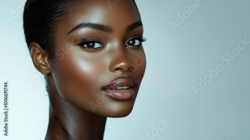 A woman with flawless, radiant skin and subtle makeup, highlighting her natural beauty. Capturing elegance and grace, perfect for themes related to skincare, beauty, cosmetics, and self-confidence.