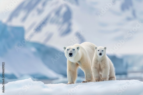 A Polar Bear and Its Cub Explore an Icefield in the Arctic Landscape