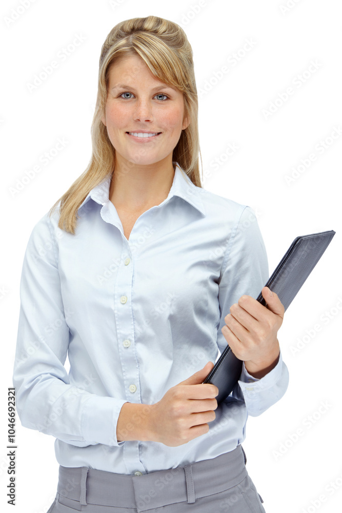 Business, woman and happiness with file in studio with pride for career growth as hr manager in Germany. Female person, white background and smile on portrait with confidence for opportunity Business, woman and happiness with file in studio with pride for career growth as hr manager in Germany. Female person, white background and smile on portrait with confidence for opportunity