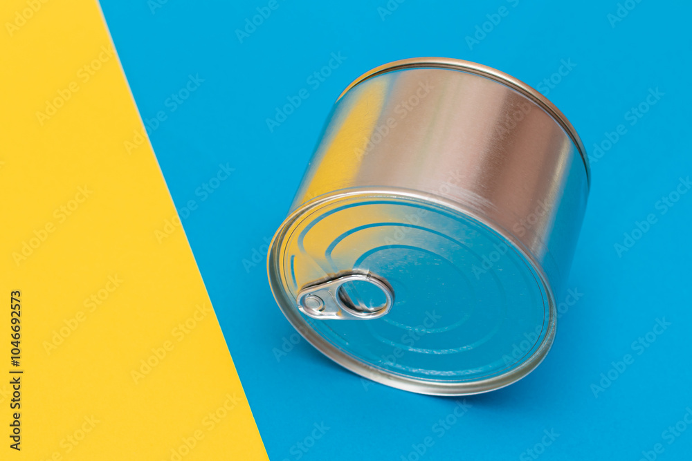Tin Can on Split Blue and Yellow Background. Canned Food. Aluminum Can for Safe and Long Term Storage of Food. Steel Sealed Food Storage Container Tin Can on Split Blue and Yellow Background. Canned Food. Aluminum Can for Safe and Long Term Storage of Food. Steel Sealed Food Storage Container