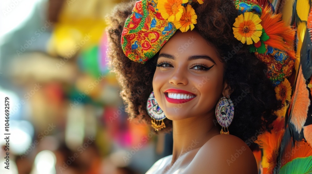 Brazilian woman with samba attire, looking vibrant