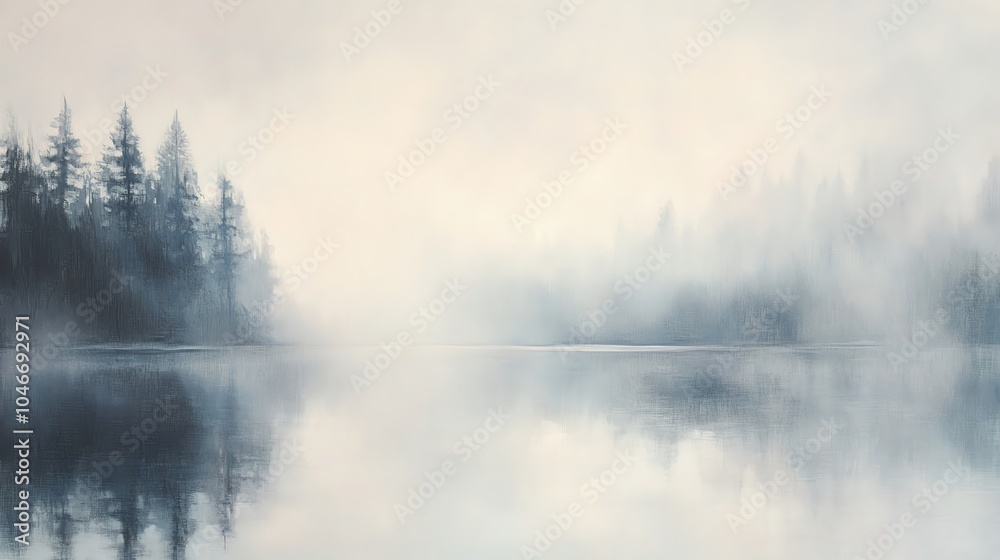 Fototapeta premium Misty lake landscape with fog, featuring lush trees reflecting on calm water surface.