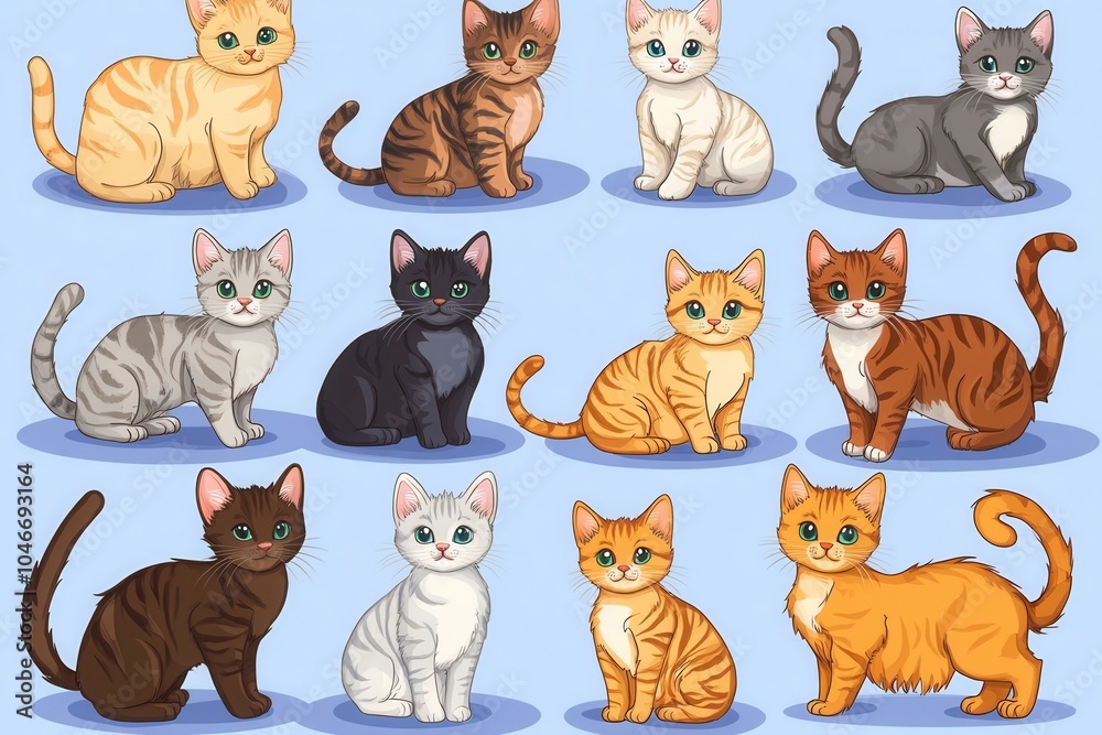 Fototapeta premium Assortment of cute cartoon kittens with various coat patterns