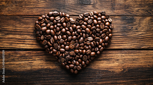 Closeup fresh roasted Arabian or aroma coffee beans on shape of heart. Organic coffee concept background. Top view, flat lay backdorp with copy space