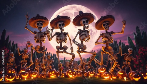 Playful skeletons in sombreros dance joyfully under the bright full moon amidst glowing pumpkins. A festive night scene blending Halloween and Day of the Dead traditions with a lively, spooky vibe.