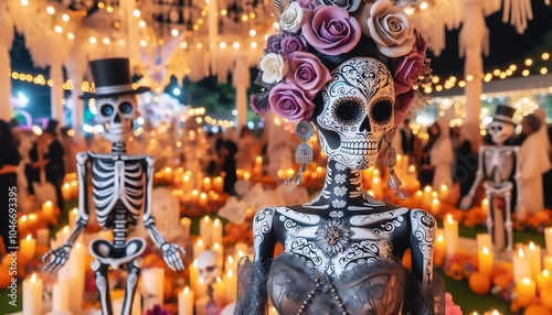 Colorful Day of the Dead celebration with decorative skeletons in elegant attire and floral crowns. Glowing candles, festive lights, and traditional decorations create a lively, cultural atmosphere.
