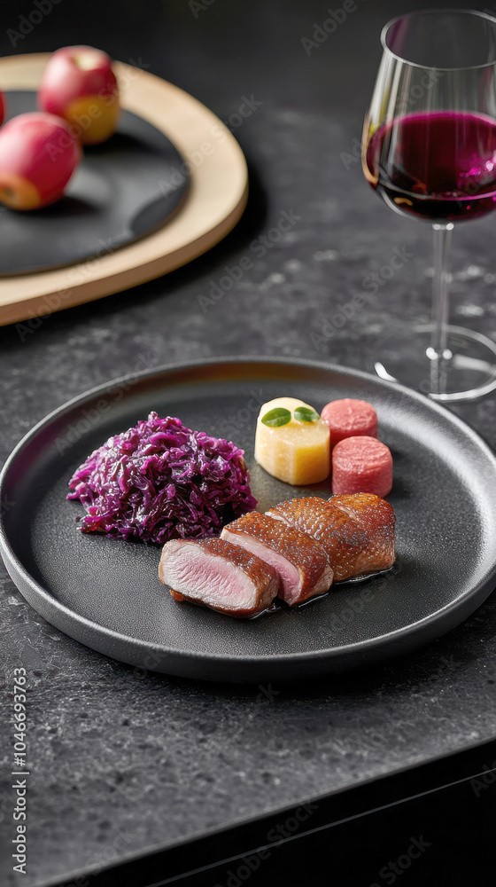 Duck fillet,red cabbage and apple mousse. AI generative. Duck fillet,red cabbage and apple mousse. AI generative.