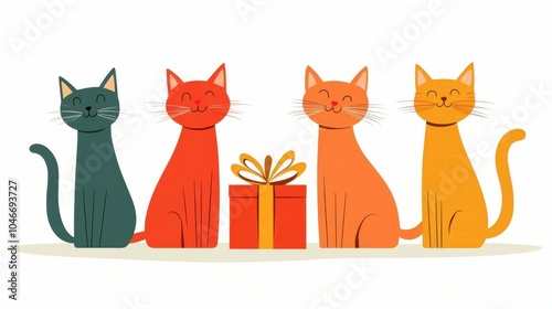 Colorful cartoon cats with birthday gift