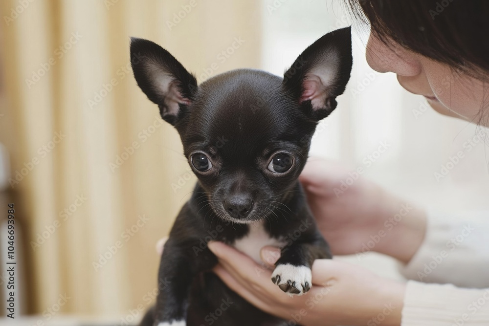 Adorable black Chihuahua puppy with a white coat and small dark eyes, captured in a warm room, showcasing its cute features in high-resolution photography. Adorable black Chihuahua puppy with a white coat and small dark eyes, captured in a warm room, showcasing its cute features in high-resolution photography.