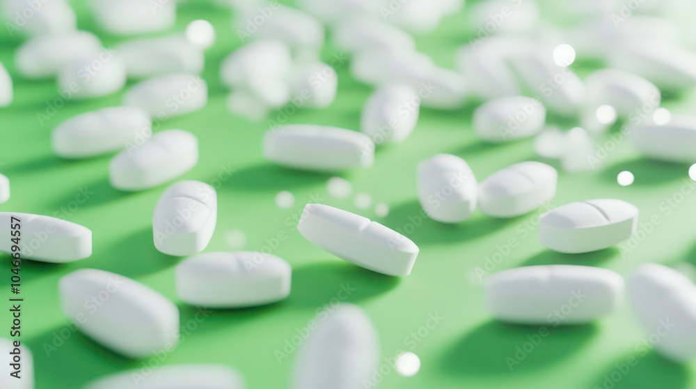 Close up of white pills or aspirin tablets on green background with pharmacy and medical concept. White capsule or drugs. 3D rendering. Close up of white pills or aspirin tablets on green background with pharmacy and medical concept. White capsule or drugs. 3D rendering.