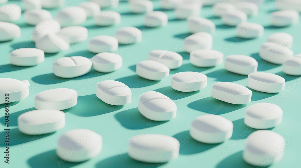 Close-up of white pills scattered on a light blue background.