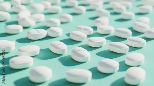 Close-up of white pills scattered on a light blue background.