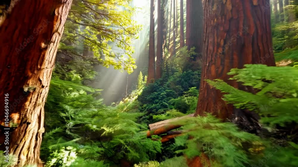 Camera movement fly-through, high speed video with hard light, establishing scene of redwood forests, sunlight filtering through trees