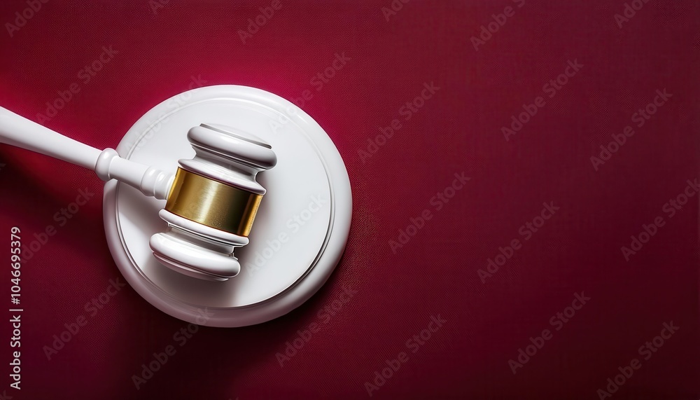 Symbol of Justice. White Wooden Gavel Striking Against a Sound Block in Front of a Deep Burgundy Background. Representing Law, Authority, Legal Judgment, and Courtroom Proceedings Symbol of Justice. White Wooden Gavel Striking Against a Sound Block in Front of a Deep Burgundy Background. Representing Law, Authority, Legal Judgment, and Courtroom Proceedings