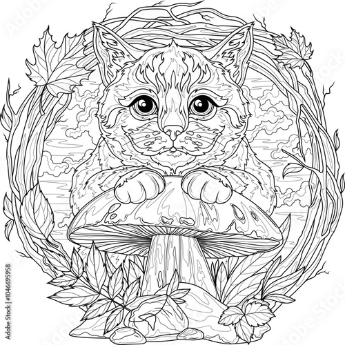 A cat near a porcini mushroom in a frame of branches. Fall.Coloring book antistress for children and adults. 