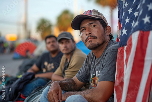 A group of migrants at the border between Mexico and the United States. A Latino man sits near a US flag. photo