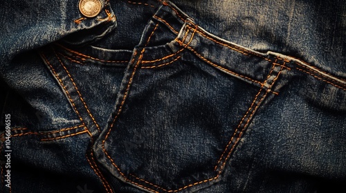 Close-up of denim fabric with pockets, showcasing texture and stitching details.