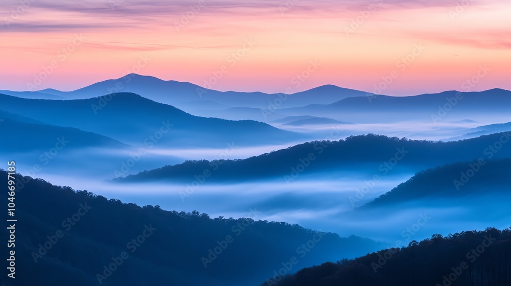 Breathtaking view of blue mountain ranges at dawn with soft mist and colorful sky. Breathtaking view of blue mountain ranges at dawn with soft mist and colorful sky.