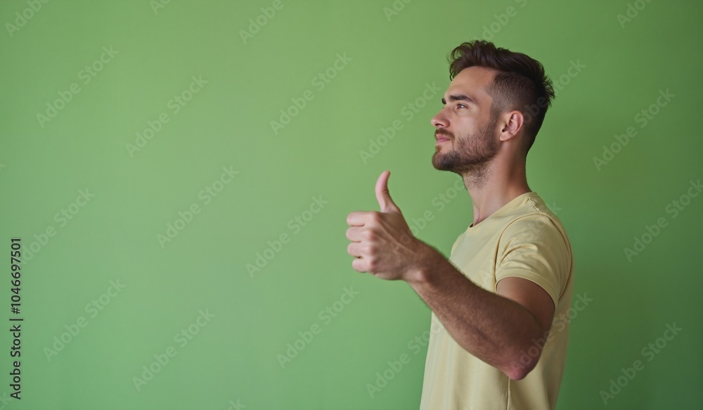 Man with confident expression giving thumbs up against green background with copy space Man with confident expression giving thumbs up against green background with copy space
