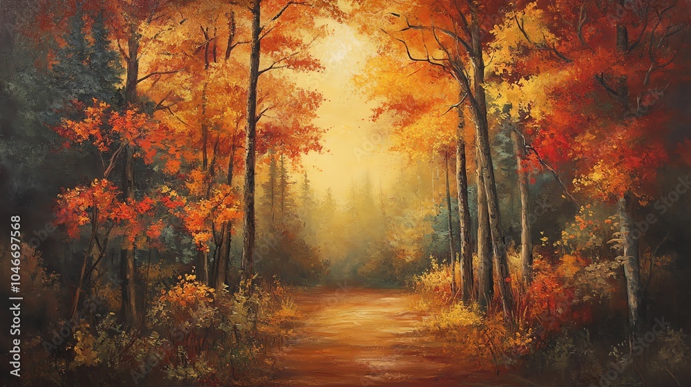 Obraz premium Autumn forest path with vibrant orange leaves and soft light illuminating the scenery.