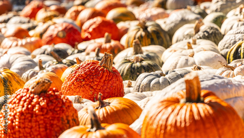 Close up photo of variety of pumpkins, pumpkin patch, gourd, autumn, fall, harvest, farm, Halloween, not AI generated photo