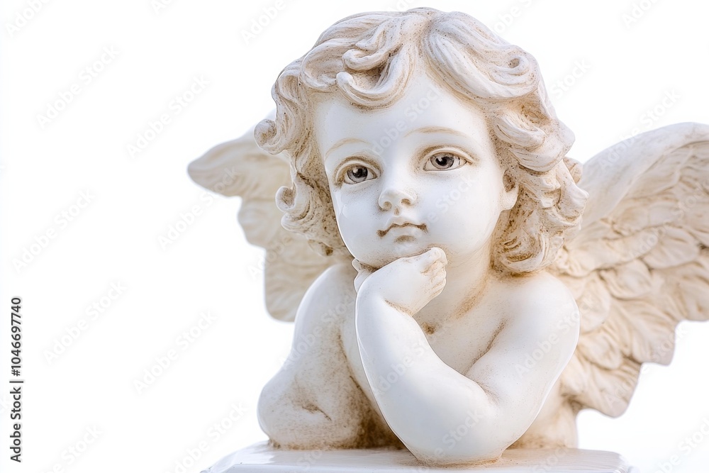 Cherub Angel Statue with Hand on Chin, Isolated on White Background, High Resolution Cherub Angel Statue with Hand on Chin, Isolated on White Background, High Resolution